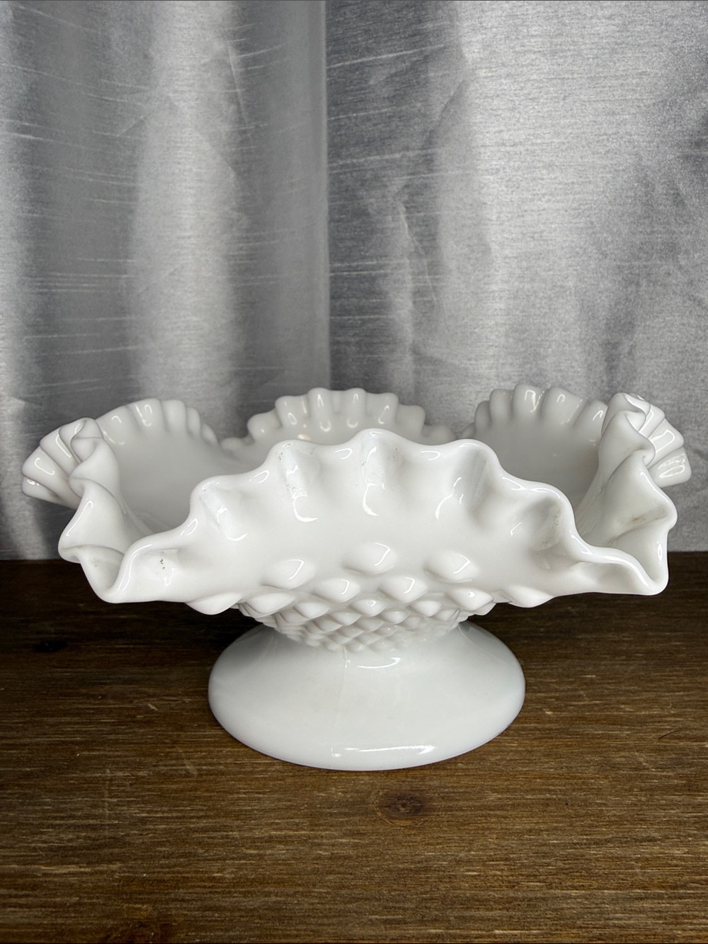 Vtg Fenton Hobnail Milk Glass Ruffled Scalloped Candy Dish 8”W Mid Century